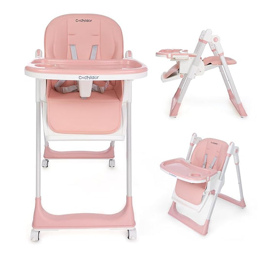 3-in-1 Foldable High Chair for Babies & Toddlers – Adjustable Height, Reclining Seat, 5-Point Safety Harness, Removable Tray, Lockable Wheels, Washable Cushion – Portable & Easy Clean, Pink