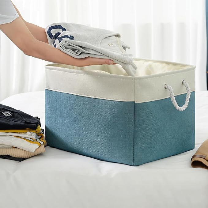 TheWarmHome Storage Bin for Shelves - Extra Jumbo 3 Pack 20.5L×15.7W×13.8H Storage Basket for Organizing, Fabrin Storage cubes with Drawstring Cover for Living Room Bedroom Decor Closet（White & Green