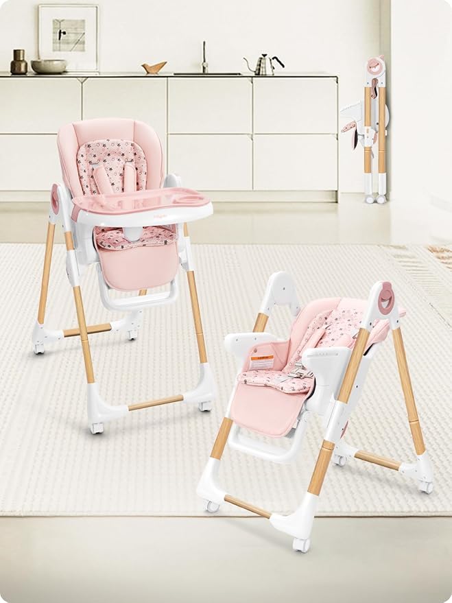 Foldable High Chair with Soft Cushion, High Chairs for Babies and Toddlers, Height Adjustable Feeding Chair, Adjustable Backrest and Footrest, Lockable Wheels, Woodgrain Star Pink
