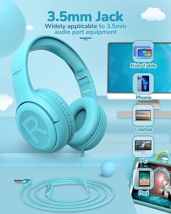 Toddler Kids Headphones Wired - Headphones for Kids Volume Limit 85/94dB Headset 3.5mm Jack Adjustable Foldable Headsets for Girls Boys Children Teens Pad Smartphones School