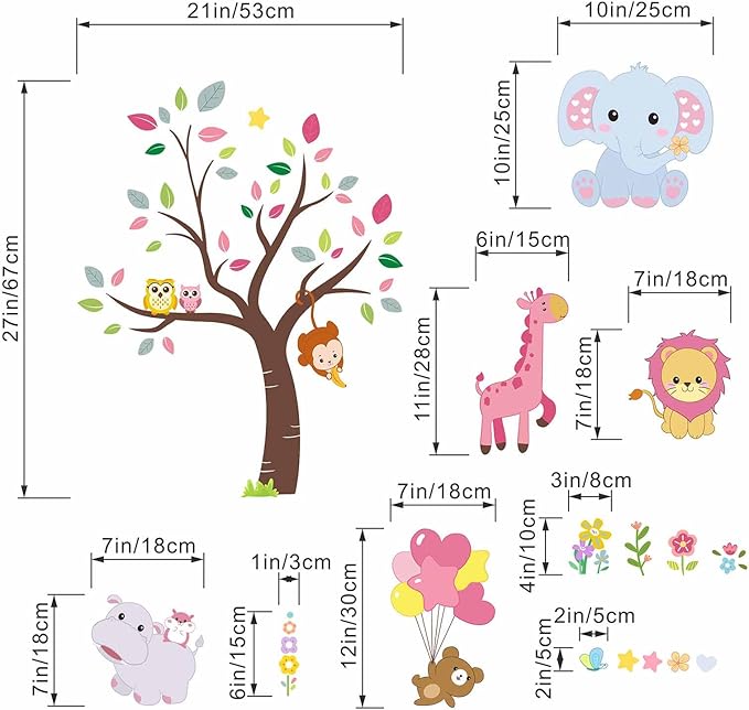 Pink Animals Baby Wall Stickers - Forest Lion Elephant Monkey Hippo Wall Decals - Girls Baby Nursery Kids Room Wall Decor