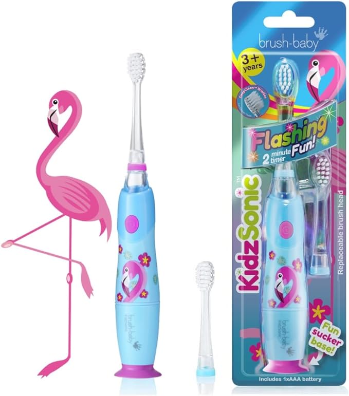 Brush‑Baby - KidzSonic Flamingo Kids Electric Toothbrush for Ages 3+ with Disco LED Lights, Gentle Sonic Vibrations, 2-Minute Smart Timer & 30‑Second Pulse Reminders – AAA Battery Included