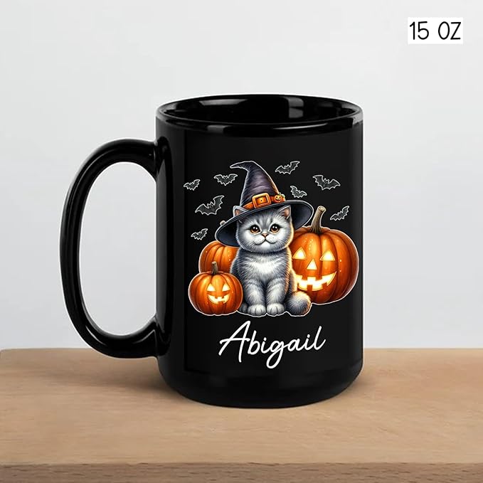 Personalized Name British Shorthair Coffee Mug Gift for Cat Lover, British Shorthair Wearing Witch Hat Black Cup, Custom Cat Pumpkins Halloween Ceramic Cup 11oz 15oz, Pet Owner Halloween Mug