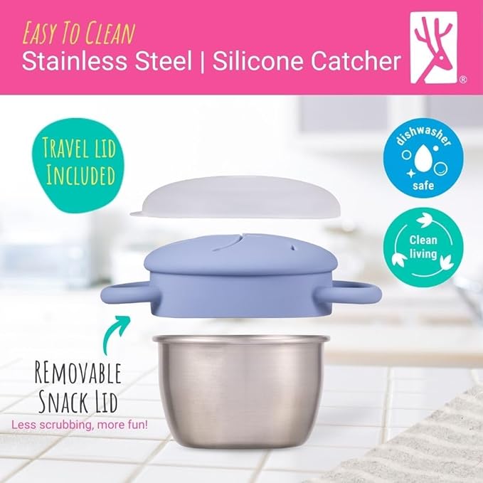 Elk and Friends Stainless Steel Snack Cups | Removable Silicone Food Catcher and Travel Lid | Spill-Proof Snack Containers for Baby, Toddler, Kids | Dishwasher Safe | 2 Pack