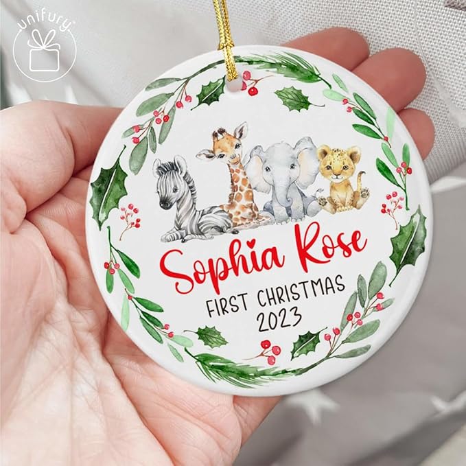 Unifury Personalized Baby First Christmas Ornament 2024, Keepsake for Babies First Christmas Tree, Holiday Decor for Celebrating Ceramic Babys 1st Christmas Ornament 2024, Safari Animal Holly