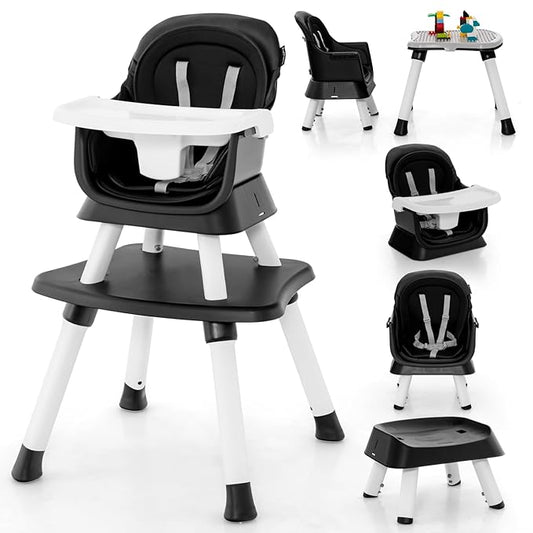 HONEY JOY 8 in 1 Baby High Chair, Convertible Highchair for Babies and Toddlers/Table and Chair Set/Building Block Table/Booster Seat/Stool/Toddler Chair with Safety Harness (Black)
