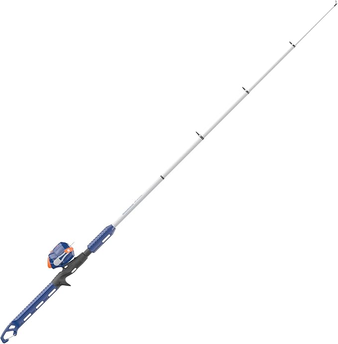 Zebco Wilder Fishing Reel and Rod Combo, 4'3" Durable Fiberglass Rod with Built-In Carabiner, Patented No-Tangle Reel, Pre-Spooled with 6-Pound Zebco Cajun Fishing Line, Blue/Orange