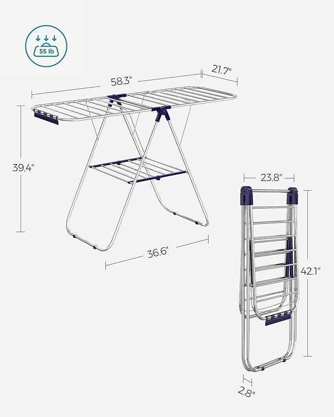 SONGMICS Clothes Drying Rack, with Sock Clips, Metal Laundry Rack, Foldable, Space-Saving, Free-Standing Airer, with 2 Height-Adjustable Gullwings, Indoor Outdoor Use, Silver and Blue ULLR52BU