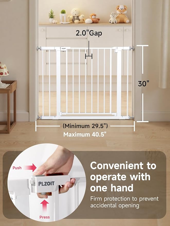 29.5-40.5" Baby Gate for Stairs, Dog Gate for Doorways, Walk Thru Auto Close Metal Baby Safety Gate for The House, Stairs and Doorways, Child Gate Pressure Mounted, Pet Gate for Dog Indoor - White