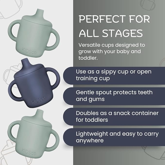 Silicone Sippy Cups with Easy Grip Transition Handles and a Soft Spout. a Non Toxic No Spill Unbreakable Training Cup 150ml/5oz |2-Pack Green and Navy|