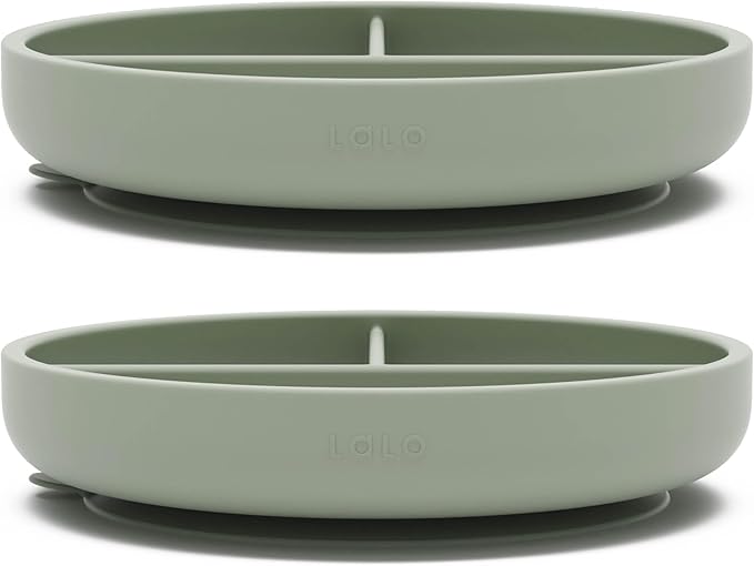 Lalo Suction Plates - 2 Pack, 100% Silicone Non-Toxic BPA-Free Baby Plates with Suction Base To Prevent Accidental Tip-Overs - Suction Plates for Toddlers With Three Divided Sections - Sage
