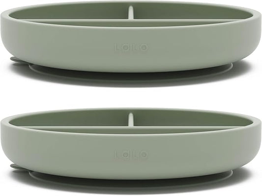 Lalo Suction Plates - 2 Pack, 100% Silicone Non-Toxic BPA-Free Baby Plates with Suction Base To Prevent Accidental Tip-Overs - Suction Plates for Toddlers With Three Divided Sections - Sage