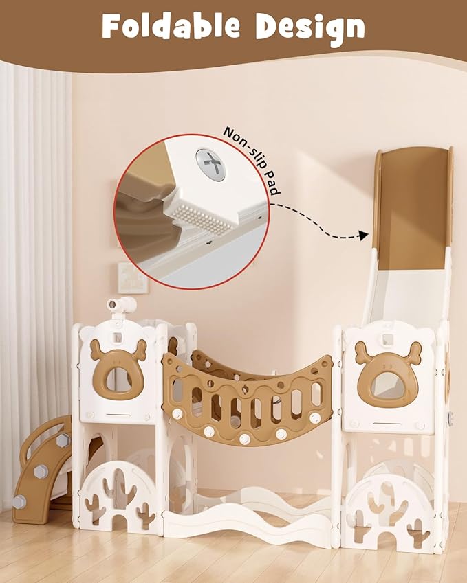 YUFU Toddler Slide Set, 11 in 1 Kids Slide for Toddlers 1-3, Toddler Playset with Climbing Bridge, Golf Set, Basketball Hoop, Indoor Outdoor Playground (Brown)