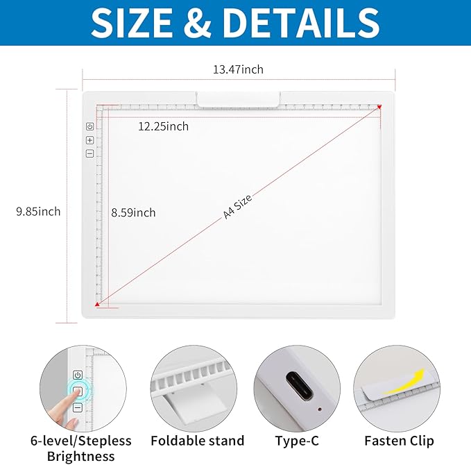 Rechargeable A4 Light Pad with Bag, Innovative Stand and Top Clip, Elice Wireless Bright Light Tracing Board Portable Artcraft Tracer Box for Drawing, Cricut Weeding Vinyl, Diamond Painting (White)