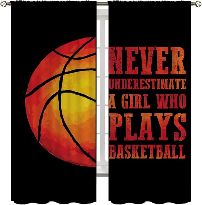 Red Basketball Blackout Curtains for Boy Girl Room Darkening Decor,Sport Theme and Motto Dark Background Bedroom Living Room Home Rod Pocket Thermal Insulated Window Curtain/Drapes Panel,63x63 Inch…