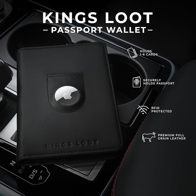 Kings Loot Passport Holder Wallet | RFID Protected Leather Travel Wallet with Built-in Trackable Holder | Holds 1-6 Cards & Passport | Slim & Stylish Wallets (Onyx Black)