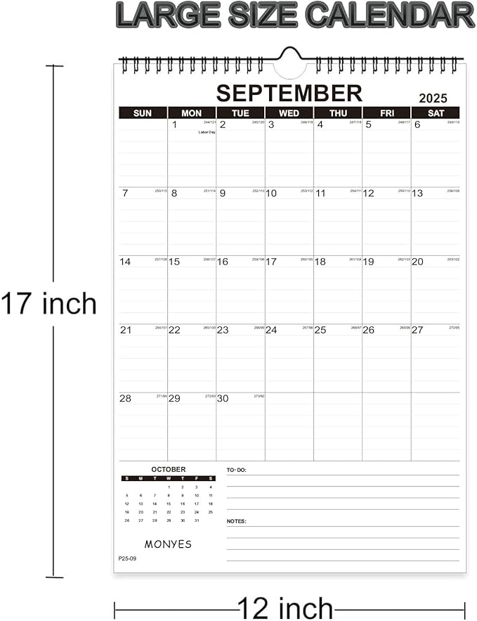 2025-2026 Wall Calendar, 17" x 12" Academic Calendar, Monthly Calendar with Wire Binding & Hanging Hook, Large Wall Calendar, Desk Calendar