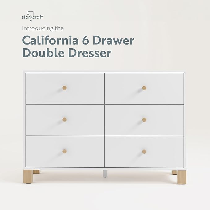 Storkcraft California 6-Drawer Double Dresser (White with Driftwood) - GREENGUARD Gold Certified, Interlocking Drawer System, Dresser Drawer Organizer for Kids Bedroom