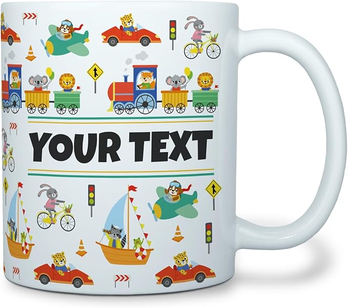 Personalized Mug for Kids - Vehicles - Custom Name/Text, Ceramic Hot Chocolate/Cocoa/Coffee Cup for Boys, Birthday/Christmas/Holiday Gift - 11 oz, White Handle