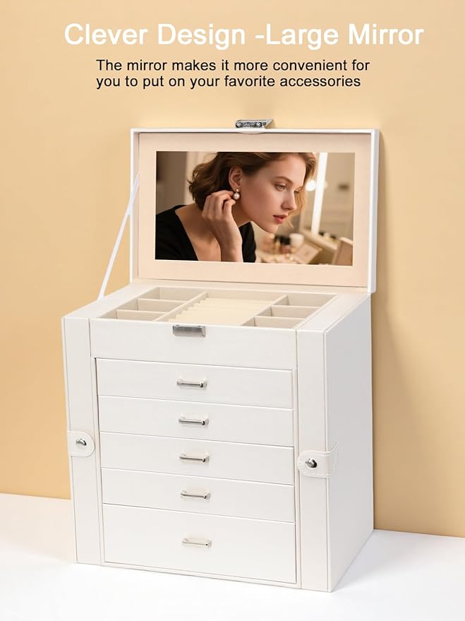 BOOVO Jewelry Box For women, 6 Layer Large Jewelry Organizer With Mirror, Multi-Function Storage Box With Lock, Accessory Holder With 5 Drawers, For Earrings Necklace Ring Bracelet (Pearl White)