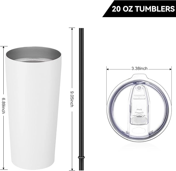 VEGOND 20oz Tumbler Bulk with Lid and Straw 12 Pack, Stainless Steel Vacuum Insulated Tumbler, Double Wall Coffee Cup Travel Mug, White