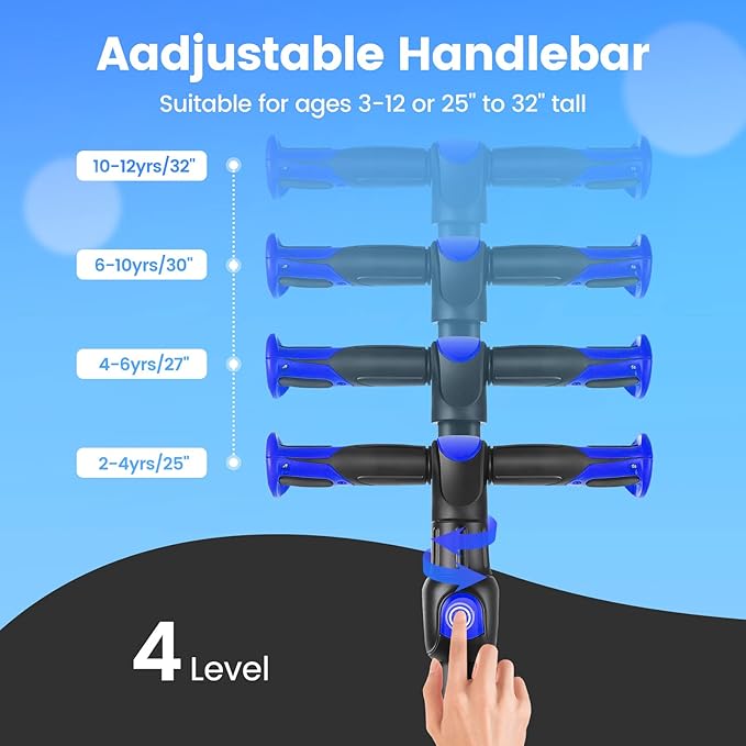 TONBUX Kids Scooter for Age 3-12, Toddler Scooter with 4 Adjustable Heights, Light Up 3-Wheels Scooter, Shock Absorption Design, Lean to Steer, Balance Training Scooter for Kids