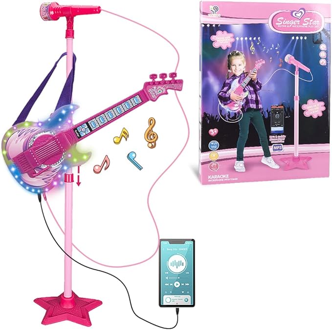 TAKIHON Guitar and Microphone Set for Kids,Guitar Toys with Music&Colorful Light,Adjustable Height Microphone with Stand,Karaoke Toys Gift for Boy,Girls,Toddlers(Red)-Upgraded