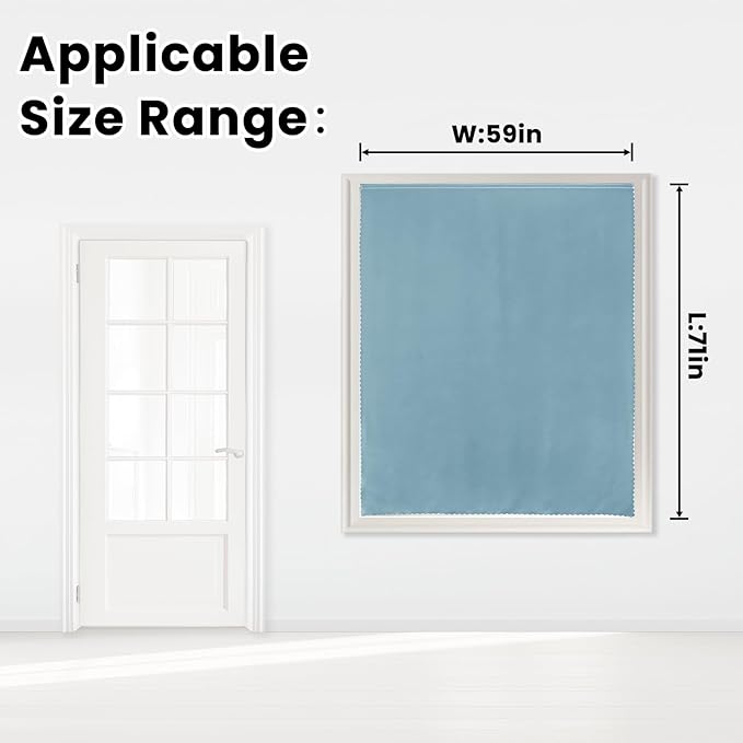 Self Adhesive Curtains, Black Out Shade for Window, Blackout Fabric Temporary Window Coverings Easy to Hang Curtains No Rod Needed, Use for Bedroom, Room, Kitchen, 59" W X 71" L, Lake Blue, 1 Panel