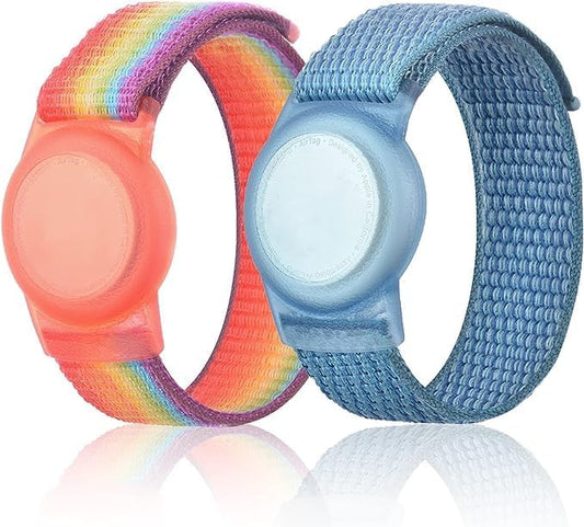 Kids Wristband Compatible with Apple AirTag, Protective Case for Air Tag GPS Tracker Holder with Nylon Bracelet, Adjustable Anti Lost Watch Band for Toddler Child Elder(RainbowB&Blue)