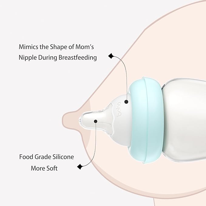 YOHKOH Natural Glass Baby Bottle with Natural Response Nipple, Newborn Anti-Colic Baby Bottles, Wide Neck Mushroom Cap Baby Bottle, Clear (8.8ounce (Pack of 2), Blue2)