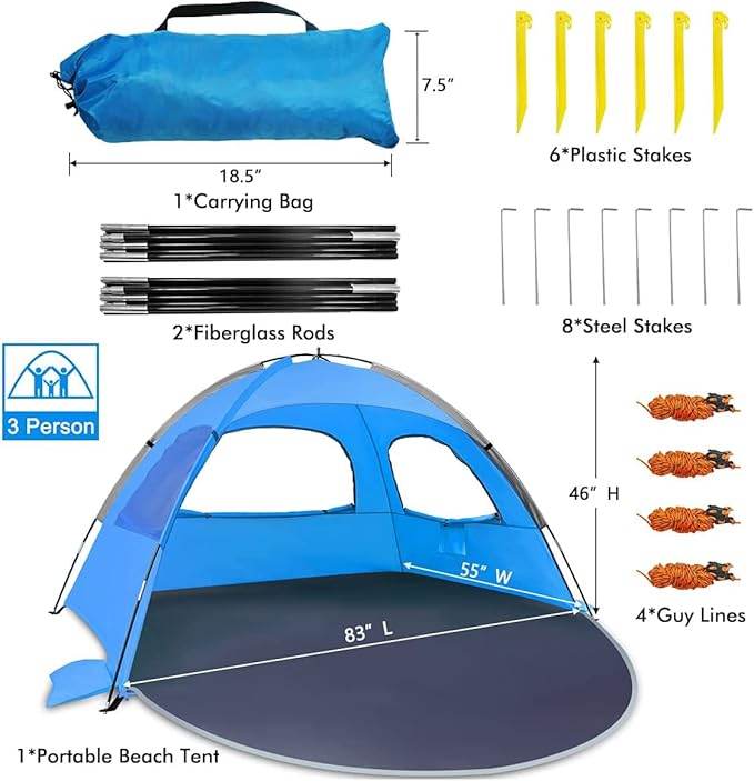 NXONE Beach Tent Sun Shade Shelter for 3/4/6 Person Person with UV Protection, Extended Floor, 3 Mesh Roll Up Windows & 8.0/8.5mm Fiberglass Rods丨Carry Bag Included