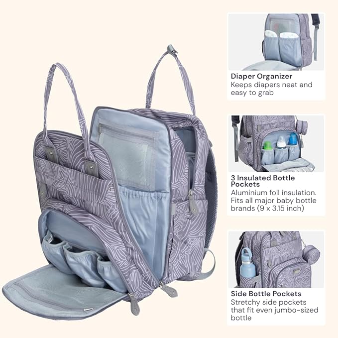 BabbleRoo Diaper Bag Backpack - Baby Essentials, Travel Essentials Baby Bag with Changing Pad, Stroller Straps & Pacifier Case - Unisex, Gray Swirls