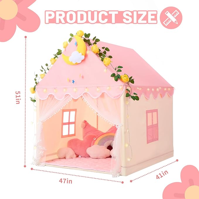 Wilwolfer Kid Tent with Mat, Star Lights - Kids Play Tents for Toddlers Kids Tents Indoor Playhouse - Princess Tent for Girls Toy House Gift (Pink with Mesh)