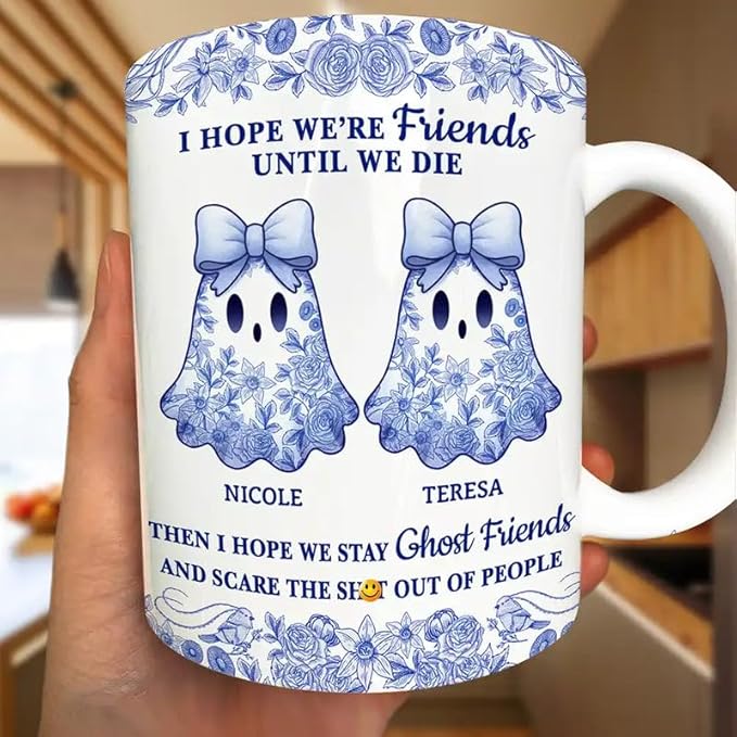Personalized Mug - Trendy France-China Inspired Design - Fun Gift for Best Friends, Halloween Coffee Tea Cup - Cute Ghost Bestie Friends Until We Die Toile De Jouy Pattern