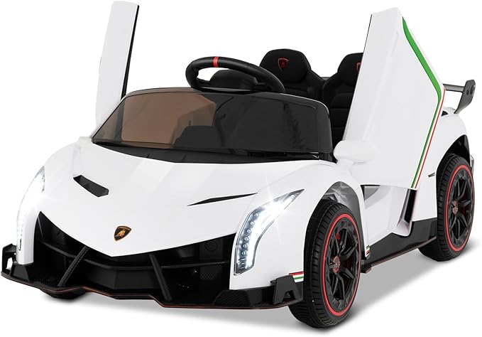 Costzon Ride on Car, Lamborghini Licensed 12V Battery Powered 4WD Sports Car with Remote Control, 3 Speeds, Hydraulic Doors, LED Lights, Towing Wheel, Horn, Music, Electric Vehicle for Kids Aged 3-8