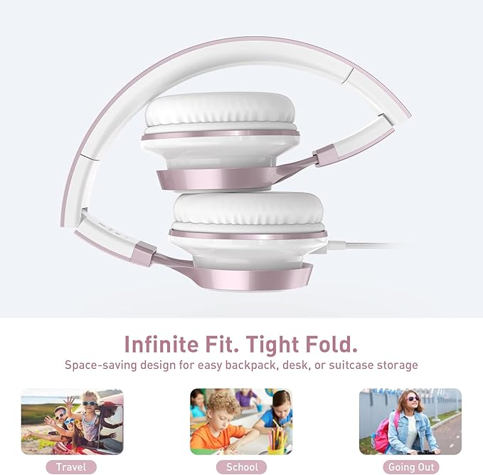 AILIHEN Kids Headphones, Headphones for School Girls Wired On-Ear Headsets with Microphone for Chromebook Laptop Computer, Foldable Adjustable Teen, Tangle-Free, 3.5mm Jack (Rose Gold)