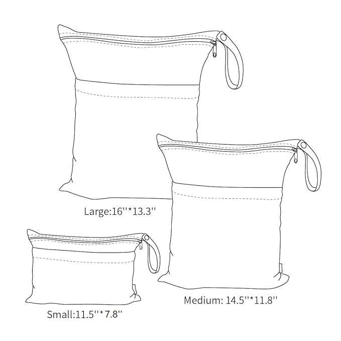 ALVABABY 3 Cloth Diaper Wet Dry Bags Waterproof Reusable with Two Zippered Pockets Travel Beach Pool Daycare Soiled Baby Items Yoga Gym Bag for Swimsuits or Wet Clothes Small medium Large 3L-SML08