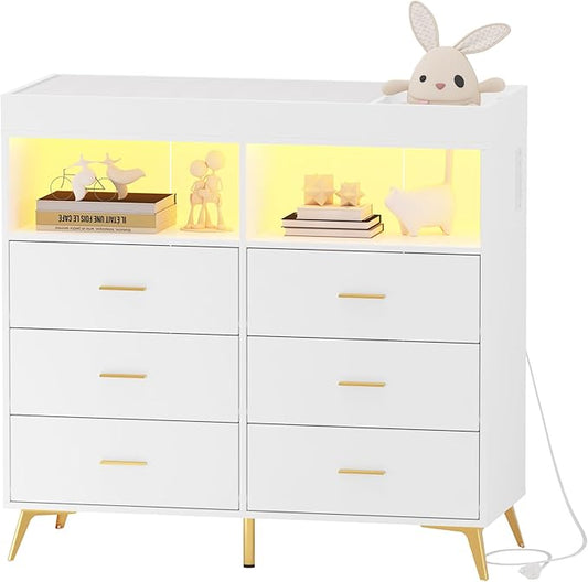Changing Table Dresser with Drawers, Baby Dresser with Changing Table Top, Power Outlet, LED Light & Metal Feet, Diaper Changing Station Nursery Organizer for Infants Newborn, White