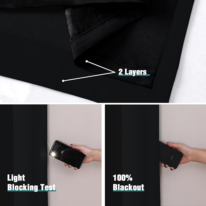 ChrisDowa 100% Blackout Curtains 90 inch Long for Bedroom with Black Liner, 2 Thick Layers Total Blackout Thermal Insulated Grommet Long Window Curtains 2 Panels Set (Black, 52 x 90 Inch)