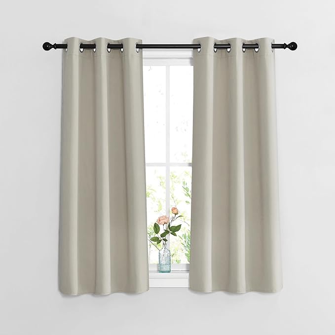 NICETOWN Blackout Bedroom Curtains 48 inches Long - Window Treatment Thermal Insulated Solid Grommet Room Darkening Privacy Sound Reducing for Kitchen (Natural, Set of 2, W37 x L48)