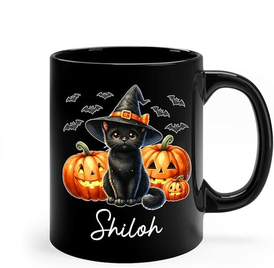 Personalized Black Cat Witch Ceramic Cups Gift for Halloween, Custom Name Black Cat with Pumpkins Coffee Mugs, Spooky Witch Pumpkins Cup, Pet Halloween Mug 11oz 15oz, Pet Enthusiasts Gifts