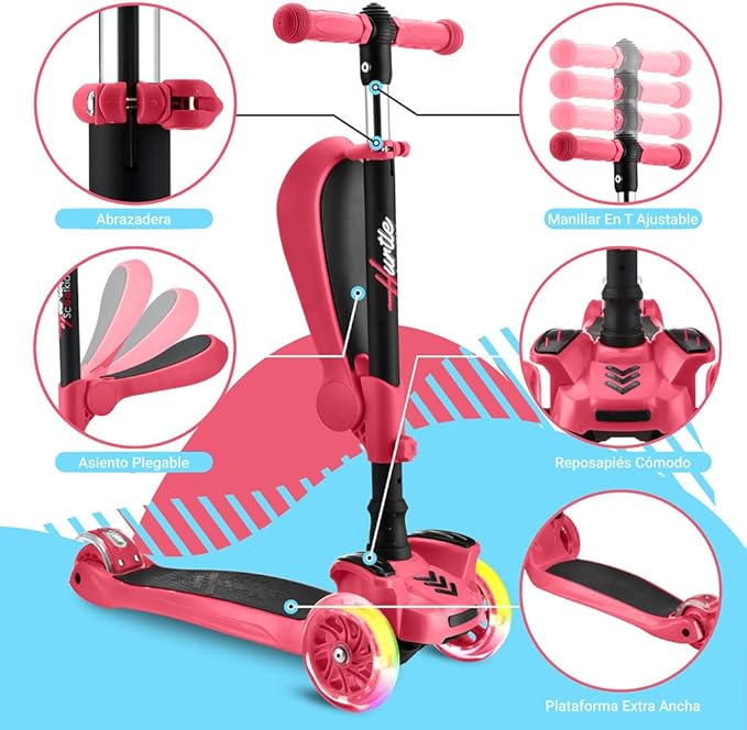 Hurtle 3-Wheeled Scooter for Kids - Wheel LED Lights, Adjustable Lean-to-Steer Handlebar, and Foldable Seat - Sit or Stand Ride with Brake for Boys and Girls Ages 1-14 Years Old