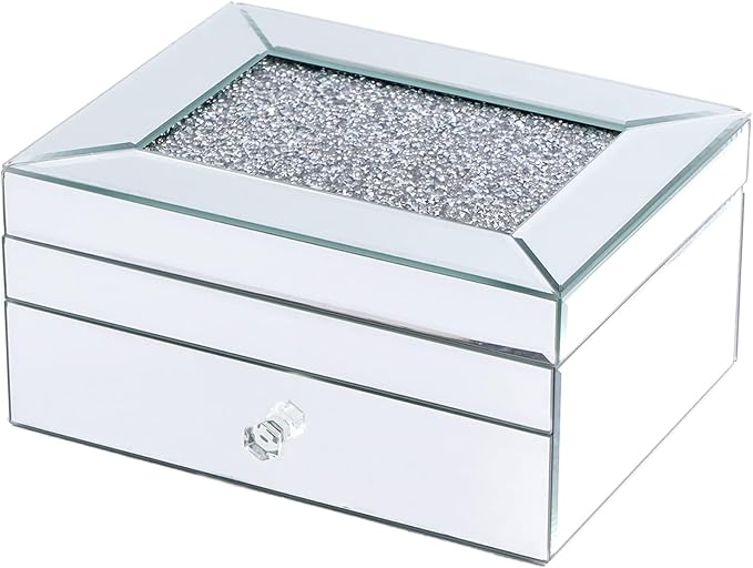 2 Layer Mirror Glass Jewelry Box with Crushed Diamond Decor, Velvet-Lined Trinket Organizer for Rings Earrings Necklaces Bracelets - Elegant Treasure Chest Storage Case for Women Girls