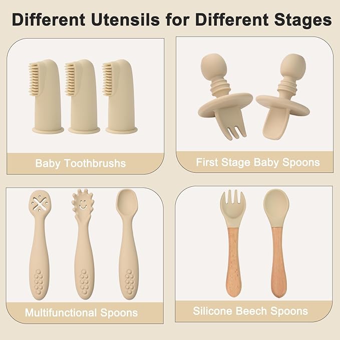 Silicone Baby Feeding Set 14 Pcs,Baby Led Weaning Supplies, Baby Spoons Suction Bowl Divided Plate Bib Cup Finger Brush,First Stage Solid Food Eating Utensils - 6+ Months(Beige)