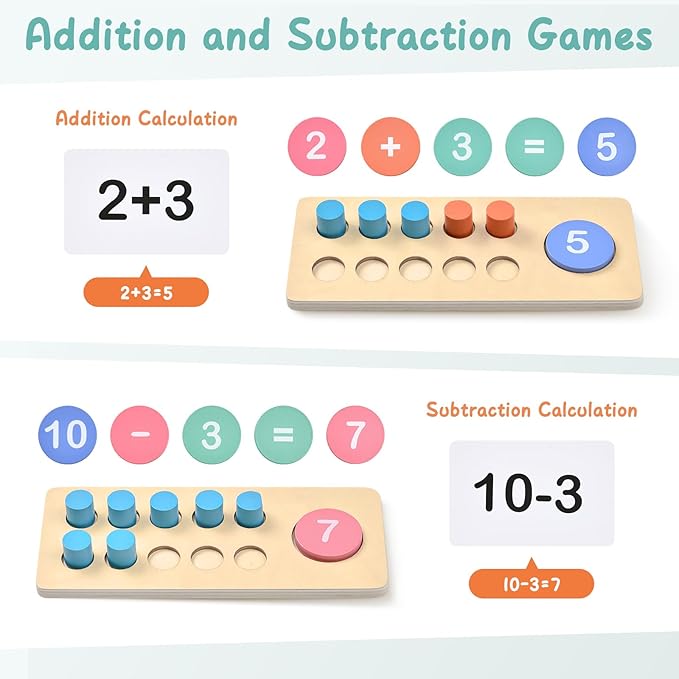 Lewo Wooden Montessori Math Manipulatives Preschool Toys, 1 to 20 Addition and Subtraction Games with Ten Frame/Number Flashcard, Educational Learning Counting Peg Board for Toddlers 3 4 5 Year Old