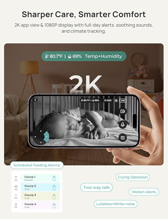 VistaView Smart WiFi Baby Monitor with 2 Cameras- 5” 1080P Split Screen & 2K Camera App Control, Cry & Motion Alerts, Night Vision, 5000mAh Battery, 2-Way Talk, Triple Security, 1279ft Range
