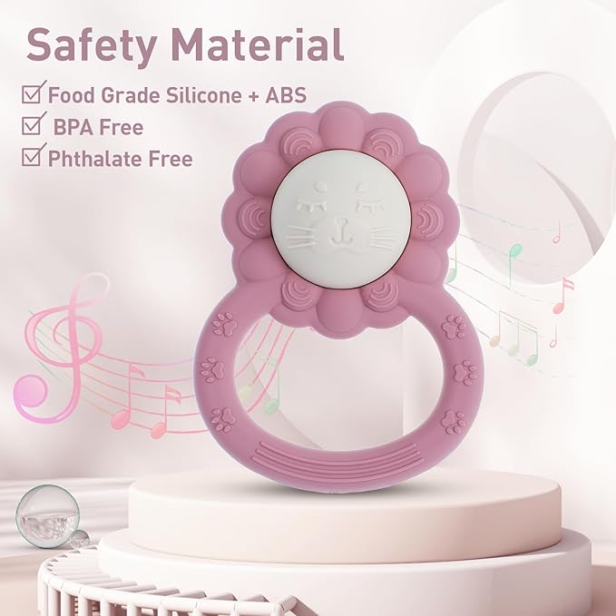 Rattle Teether, Lion Shape Montessori Baby Sensory Teething Toys, Food Grade Silicone BPA Free, Newborn Essentials Must Haves (Shifting Sand Sage)