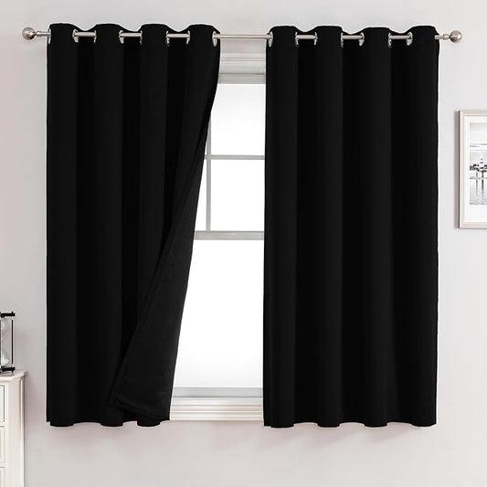 ChrisDowa 100% Blackout Curtains for Bedroom with Black Liner, 2 Thick Layers Total Blackout Thermal Insulated Grommet Window Curtains 2 Panels Set (Black, 52 x 45 Inch)