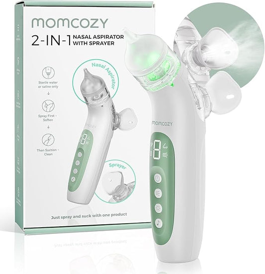 Momcozy BreezyClear™ 2-in-1 Electric Nasal Aspirator with Spray, Nasal Aspirator for Baby, 65kPa Nose Sucker with 4 Adjustable Suction Levels,Portable Electric Nose Cleaner,Light & Music Soothing