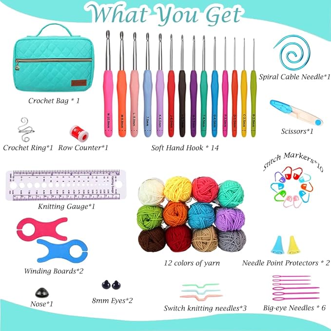 Yarniss Crochet Kits for Beginner, All-Inclusive Crochet Kit for Adults with 14 Size Ergonomic Crochet Hooks,12 Crochet Yarns Balls & Crochet Bag